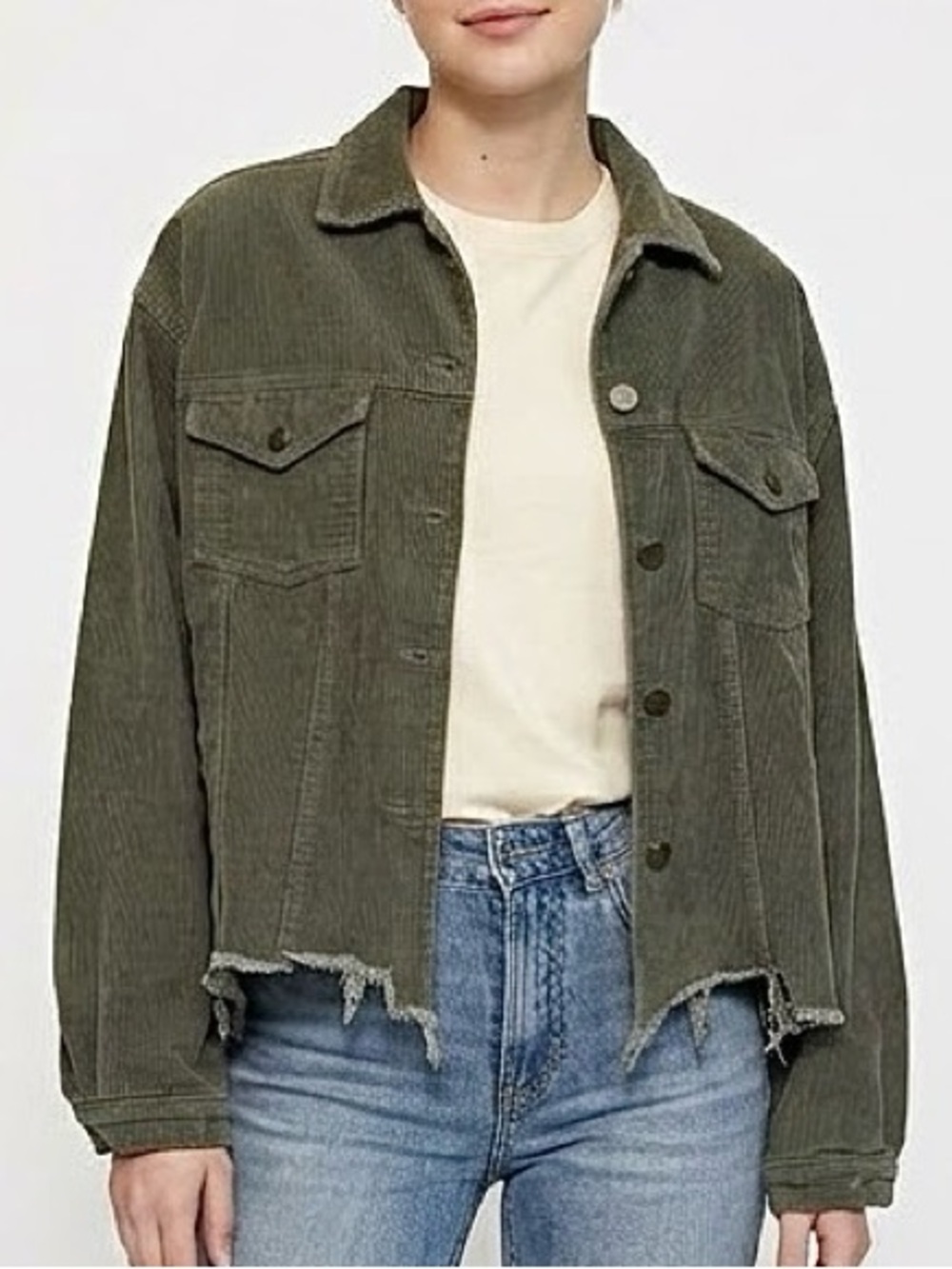 POL Corduroy Jean Jacket Womens Size Large Soft Olive Frayed Hem Cabincore